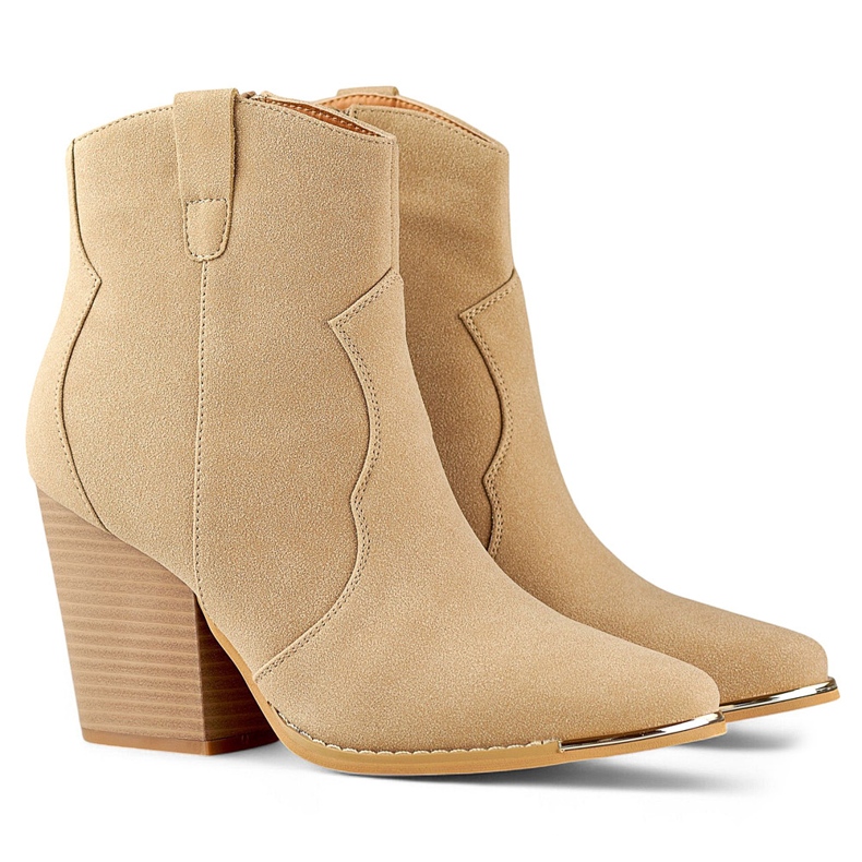 Stivali da cowboy classici beige da donna in pelle scamosciata con tacco alto 1