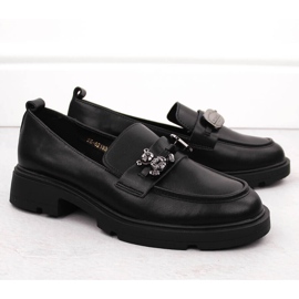 Mocassini da donna in pelle con decorazione, nero Vinceza 62183 2