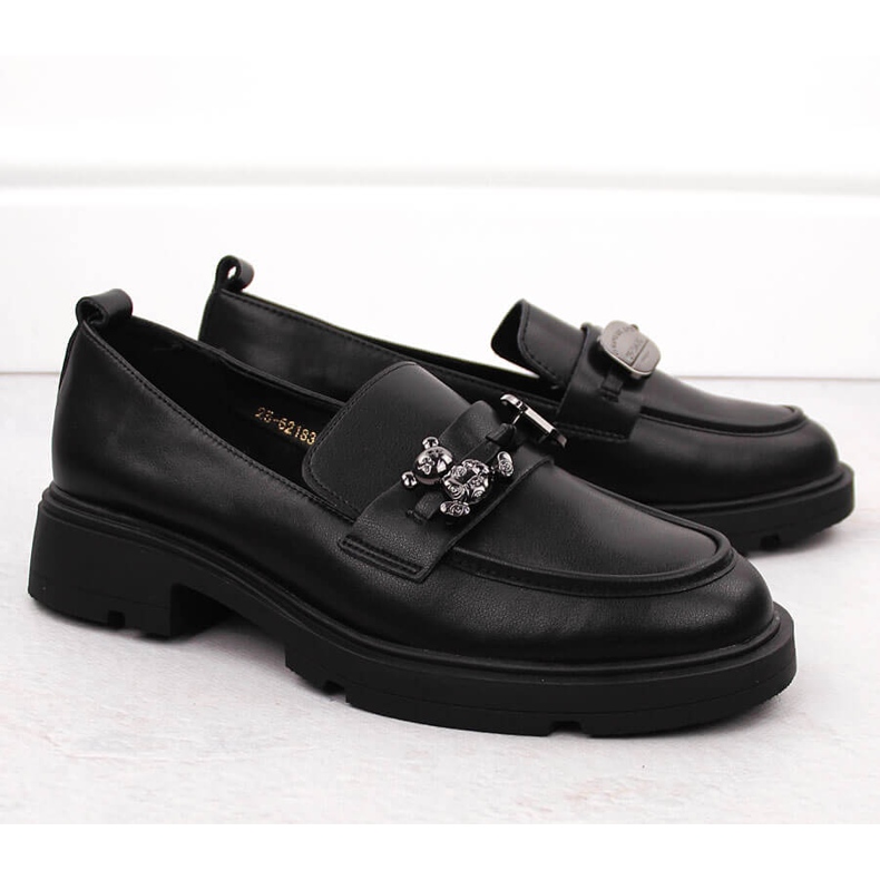 Mocassini da donna in pelle con decorazione, nero Vinceza 62183 2