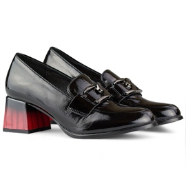 Scarpe da donna eleganti nere con tacco rosso, décolleté in vernice nero 1