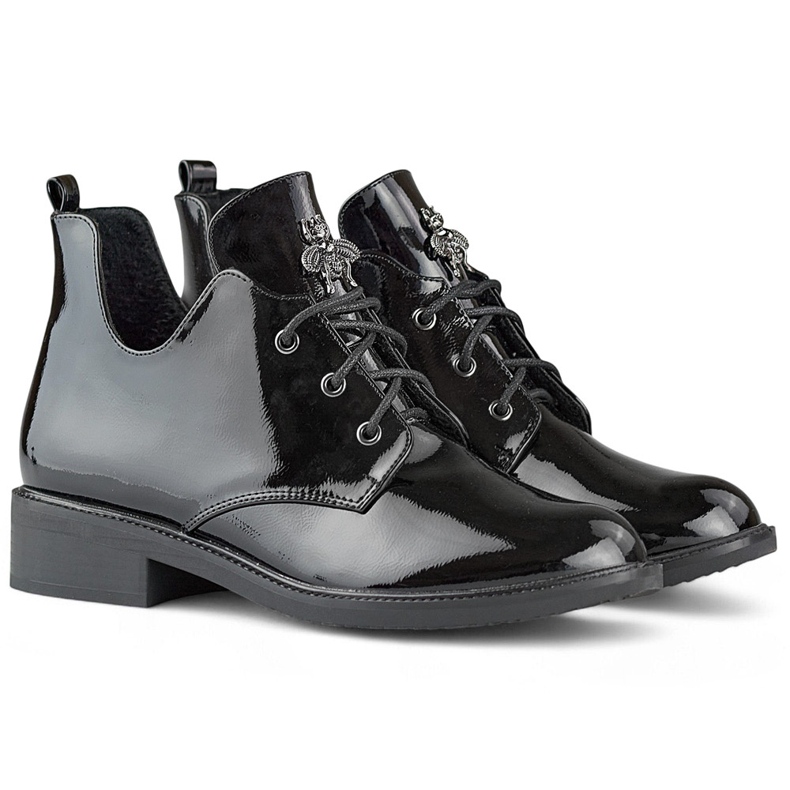 Stivaletti stringati in vernice nera con suola piatta nero 1