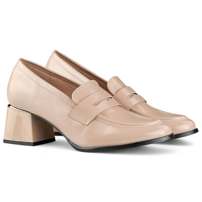 Scarpe beige in vernice con tacco basso e comodo, eleganti décolleté beige 1
