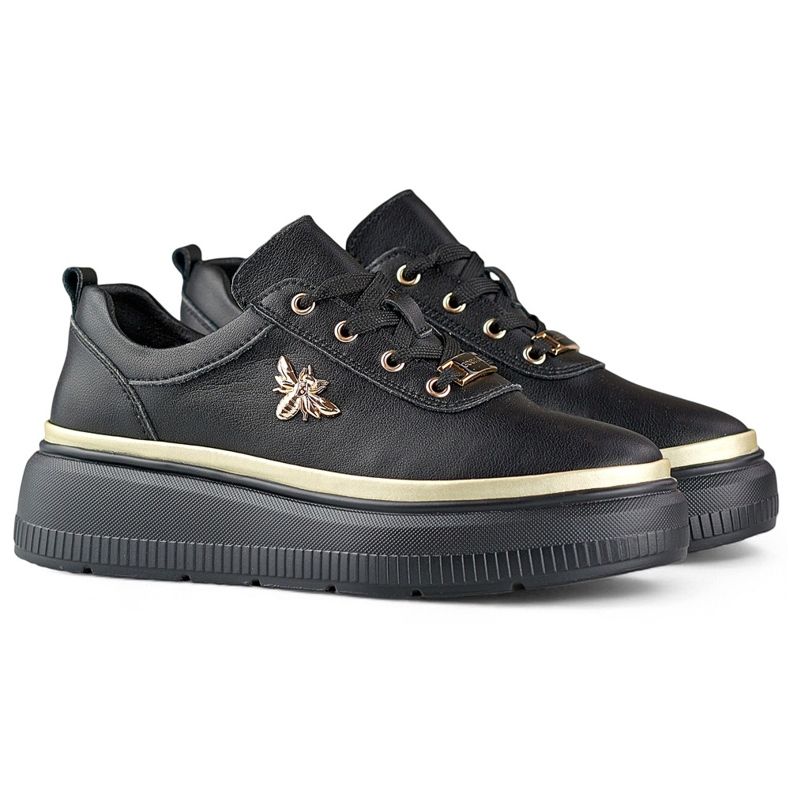 Sneakers da donna in pelle nera con accessori dorati nero 1