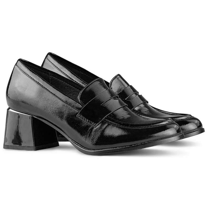 Scarpe in vernice nera con tacco basso e comodo, eleganti décolleté beige nero 1