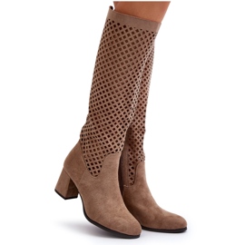 Stivali con tacco alto traforati in pelle scamosciata beige Jolenna 5