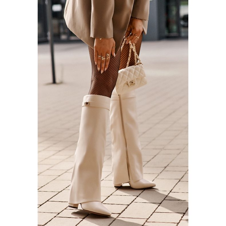 Stivali da Donna in Eco Pelle con Tomaia Risvoltata su Tacco Alto Avamora Beige Chiaro 2