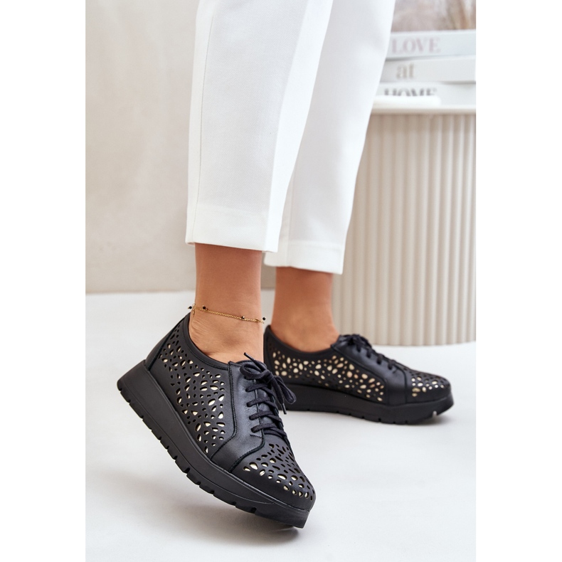 Zazoo 2973 Scarpe con plateau in pelle con motivo traforato, nere nero 2