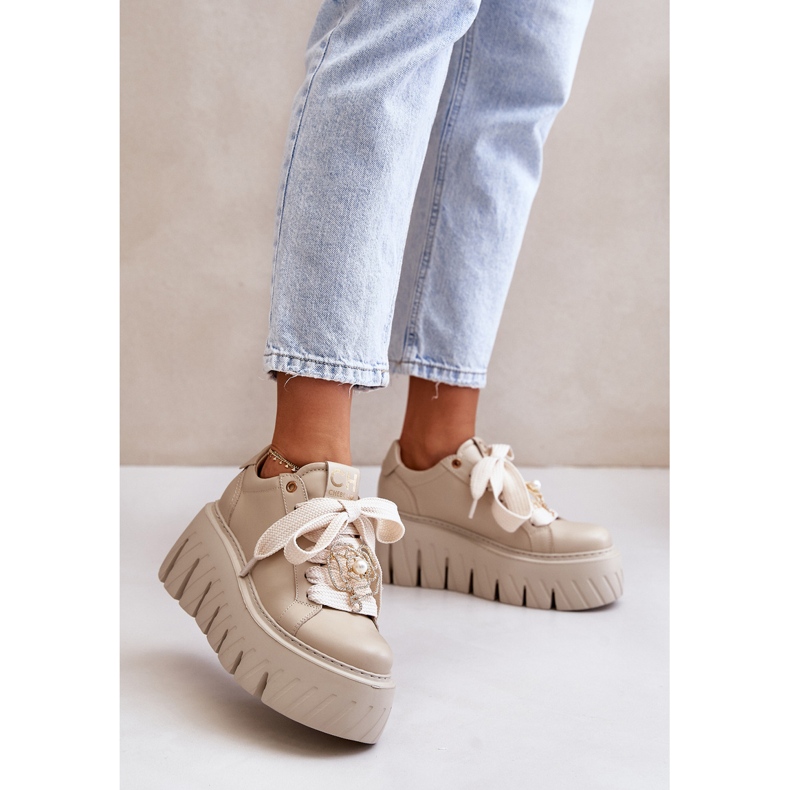 Sneakers Da Donna Su Suola Massiccia Con Decorazione Oro CheBello 4530 Beige 2
