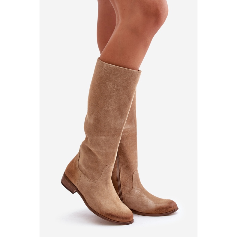 Lewski Stivali a metà polpaccio da donna in pelle scamosciata con cerniera sinistra 3616 Beige 1