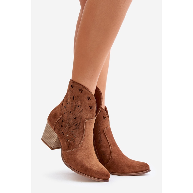 Stivali da cowboy in pelle scamosciata traforata con tacco alto Lewski 3613 Marrone 1