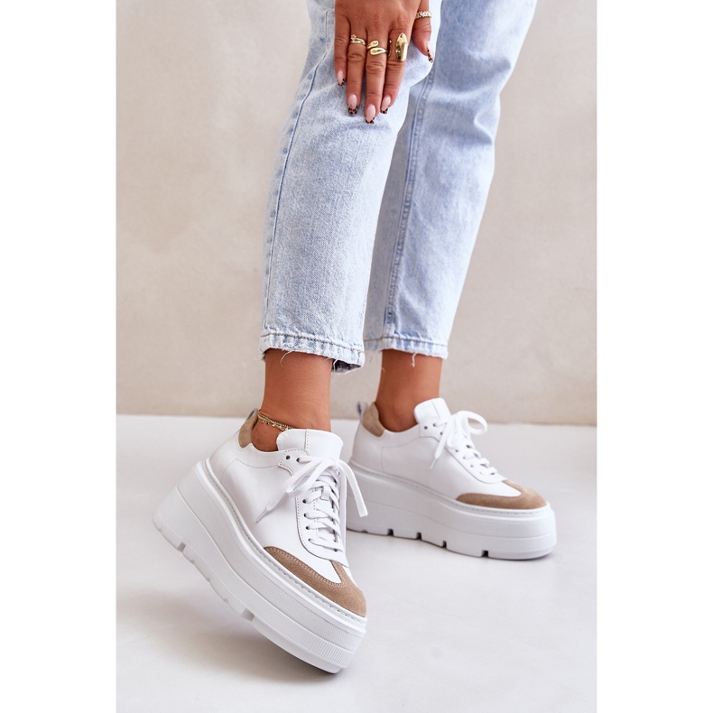 Sneakers In Pelle Su Una Piattaforma Massiccia Lewski 3635/X Bianco-Beige 2