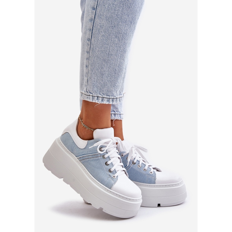 Scarpe da ginnastica in pelle su un'enorme piattaforma Jeans Lewski 3586 Bianco blu 1