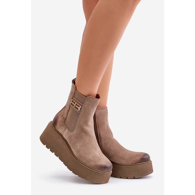 Zazoo 60498 Stivaletti Da Donna In Pelle Scamosciata Chelsea Boots Su Platform E Zeppe Beige 1