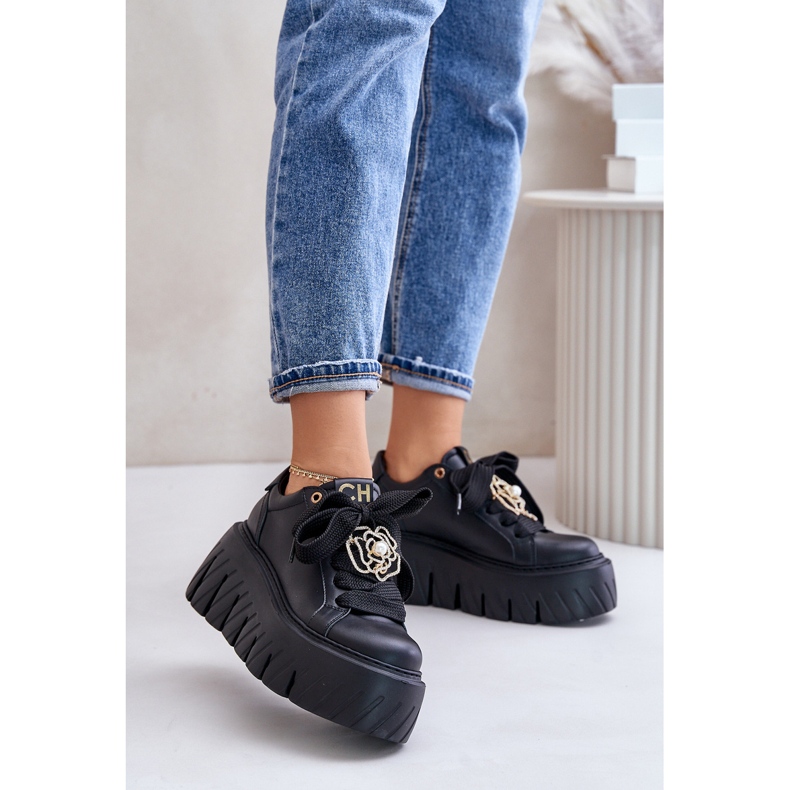 Sneakers Da Donna Su Suola Massiccia Con Decorazione Oro CheBello 4530 Nero 2