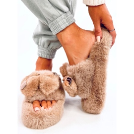 Pantofole in pelliccia con fiocco e orsetto Burano Khaki beige 1