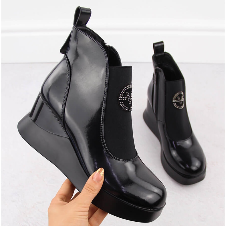 Stivali con zeppa in pelle da donna, neri, Vinceza 66703 nero 1
