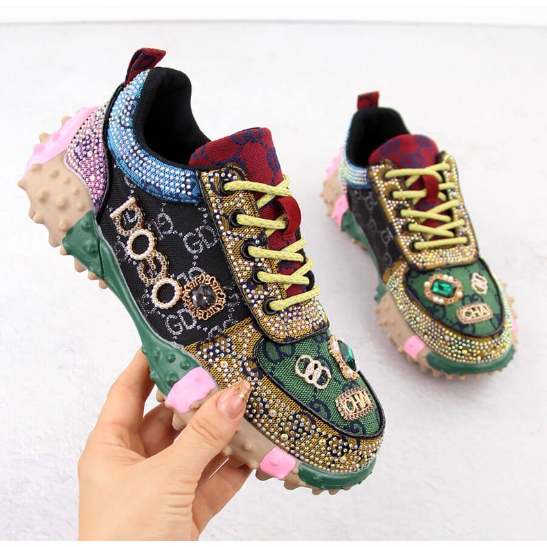Scarpe da donna riccamente decorate con zirconi Potocki 16324 verde 1