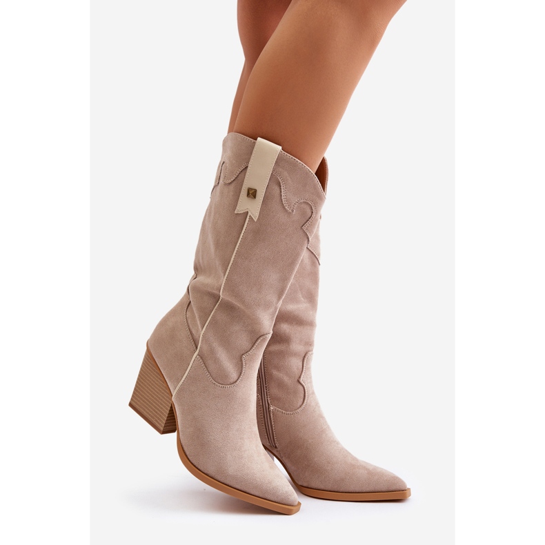 Stivali da cowboy isolati su tacco alto in ecopelle scamosciata beige Hanivin 1