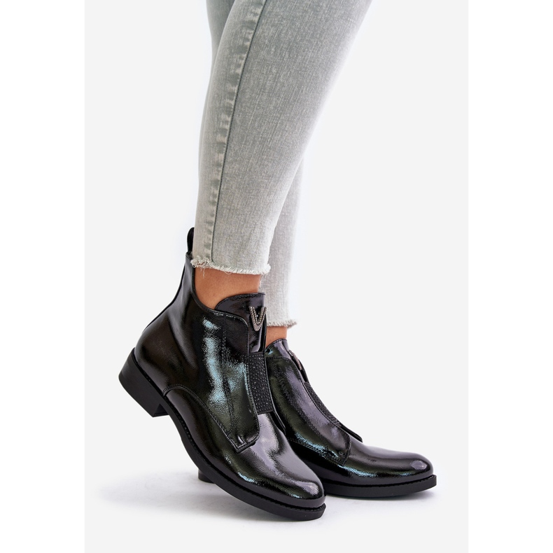 Stivali bassi da donna in pelle verniciata con tacco piatto, nero caldo S.Barski HY42-120 Nero 1