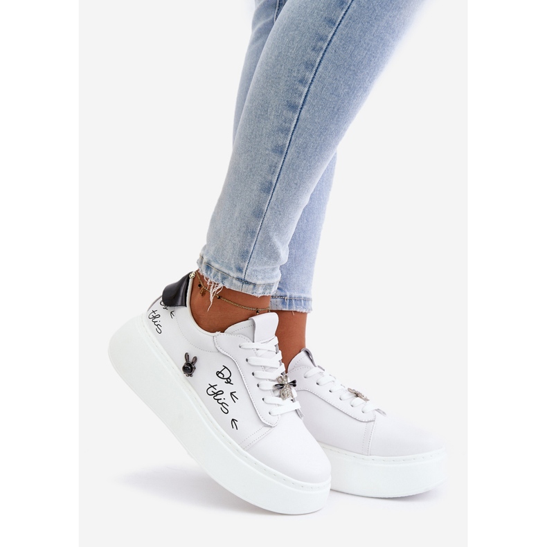 Sneakers da Donna in Pelle con Plateau Con Spille e Scritta Vinceza 89102 Bianco 1