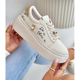 Sneakers da Donna in Pelle con Plateau Con Spille e Scritta Vinceza 89102 Beige 2
