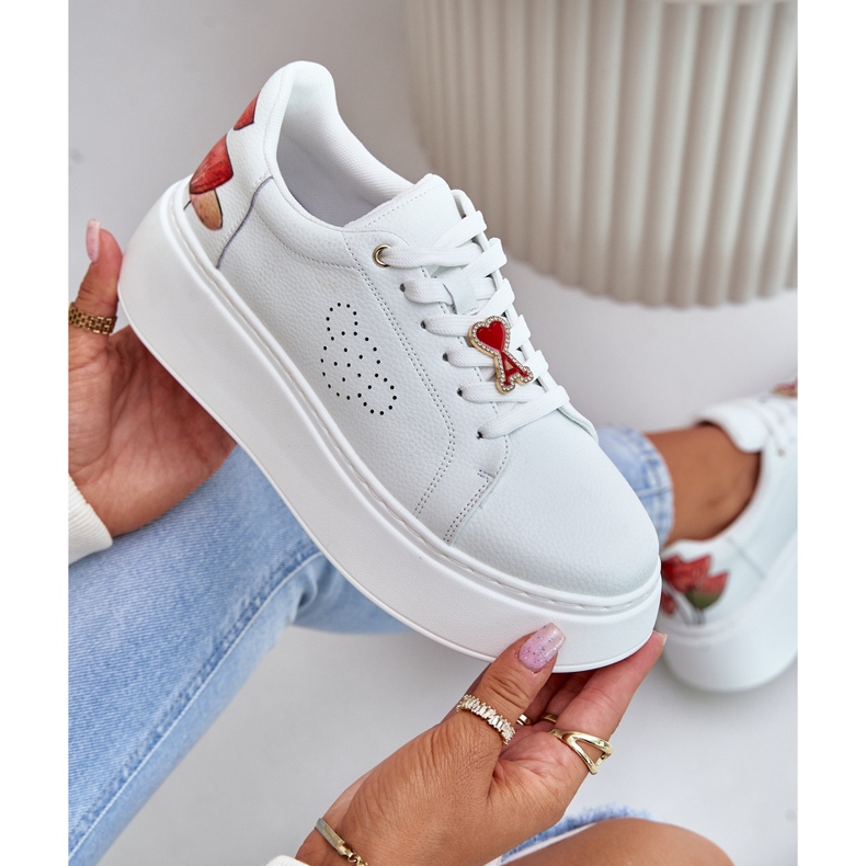 Vinceza Sneakers da Donna in Pelle con Plateau Con Spilla e Fiore Decorativo 89100 Bianco 2