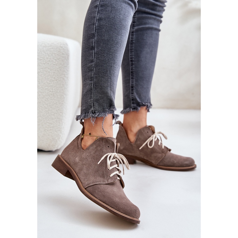 Zazoo 2959 Scarpe stringate oxford in pelle scamosciata con tacco piatto Beige scuro 2