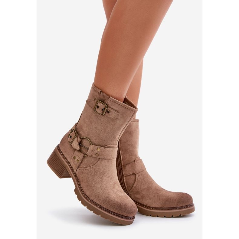 Stivali Tacco Basso Da Donna Con Fibbie, Zudra Beige Scuro 1