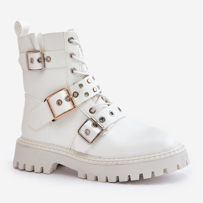 Stivali Worker In Eco Pelle Con Fibbie Bianco Serizia 2