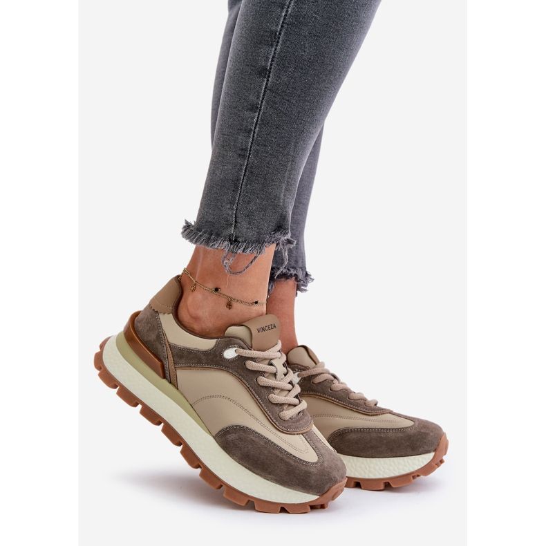 Sneakers da Donna con Plateau in Pelle Naturale Vinceza 41465 Beige 1