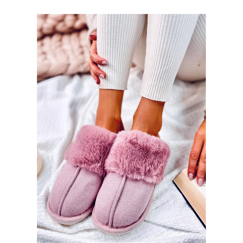Pantofole Allens Dusty Pink a spina di pesce con pelliccia - Inello rosa 2