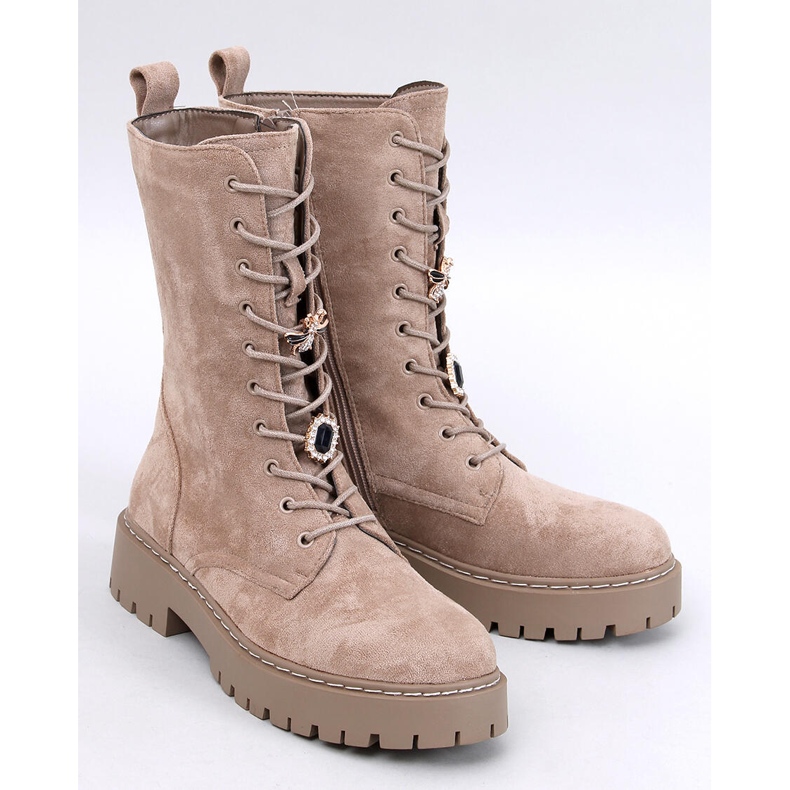 Stivaletti stringati Centro Khaki in suede con papillon beige 1