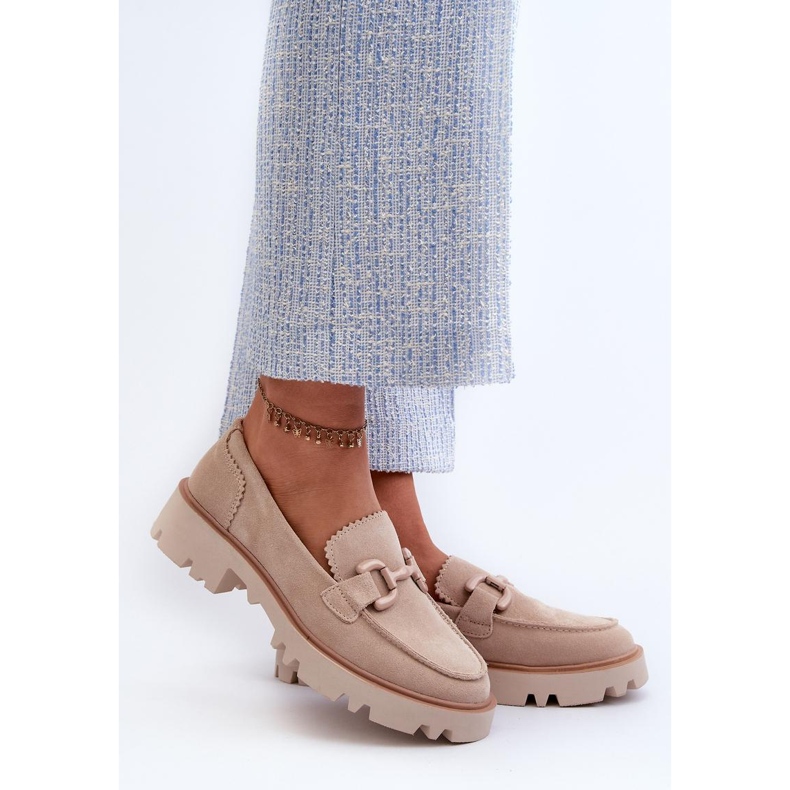 Mocassini da donna in camoscio con decoro beige 1