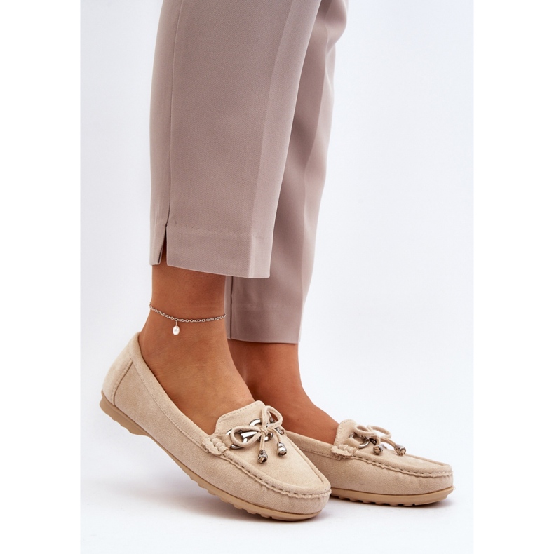 Mocassini da donna in camoscio con decoro Beige 1