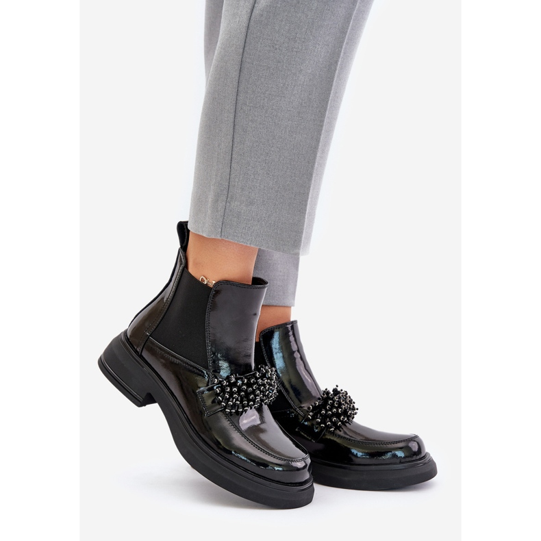 Stivaletti in pelle verniciata con decorazione, slip-on isolanti, Solimav nero 1