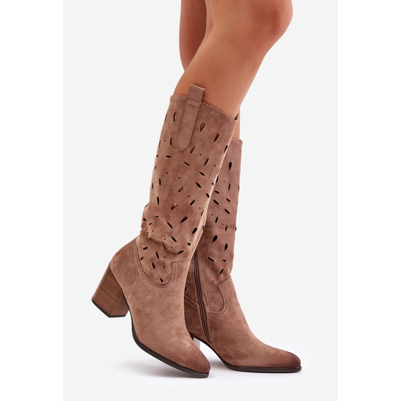 Stivali Tacco Alto In Eco Camoscio Con Motivo Traforato Vinceza 58344 Beige Scuro 1