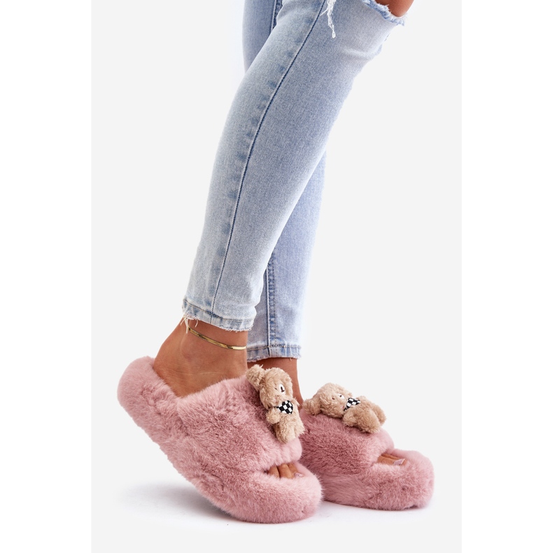 Pantofole Da Donna In Pelliccia Con Orsetto, Rosa Romania 1