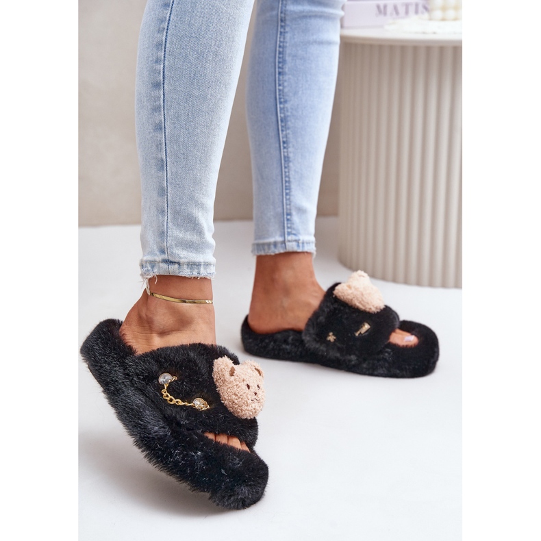 Pantofole Da Donna In Pelliccia Con Orsetto Ed Elementi Decorativi, Interno Nero 2