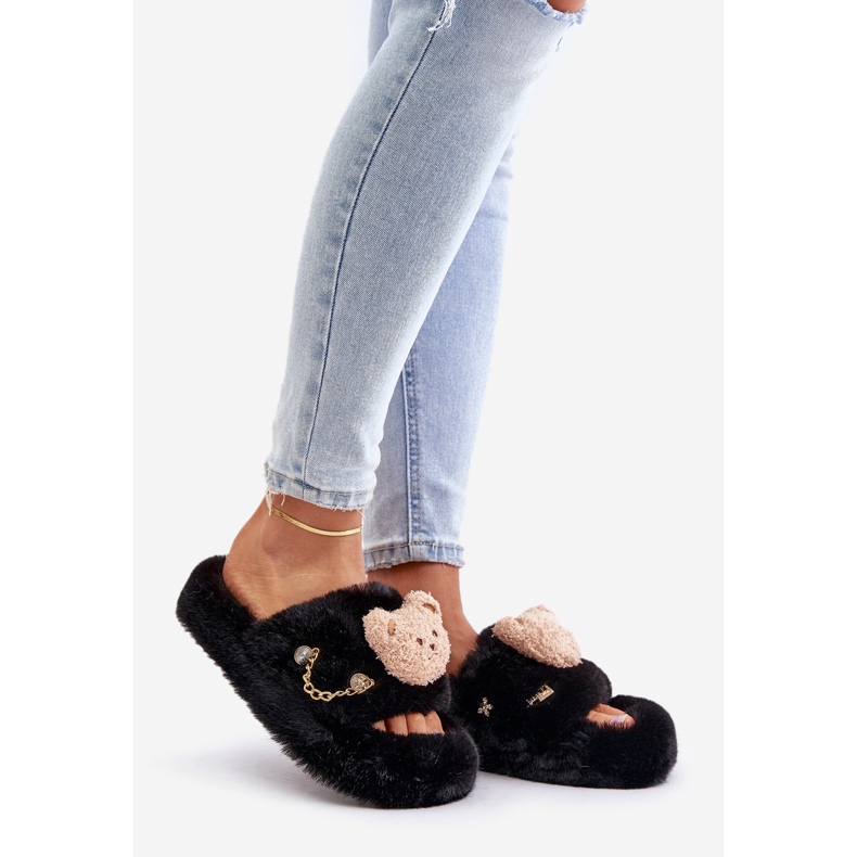 Pantofole Da Donna In Pelliccia Con Orsetto Ed Elementi Decorativi, Interno Nero 1