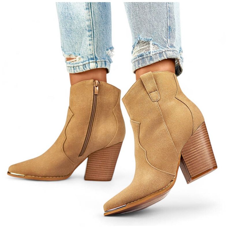 Stivali da cowboy da donna in pelle scamosciata con tacco alto, beige A5618BE 1