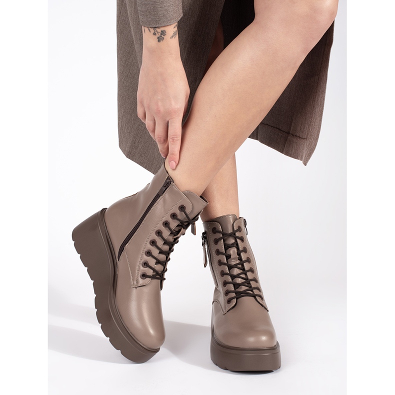 Goodin Stivaletti da donna stringati beige scuro con cerniere decorative 2