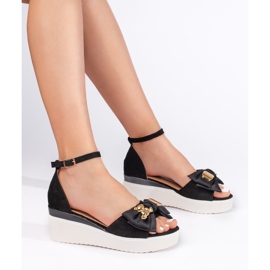 Seastar Sandali neri con zeppa da donna con fiocco nero 1