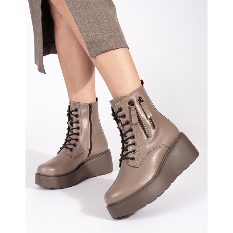 Goodin Stivaletti da donna stringati beige scuro con cerniere decorative 1