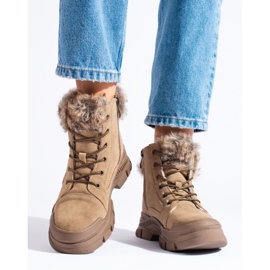 Scarponcini da trekking da donna marroni con pelliccia beige 2