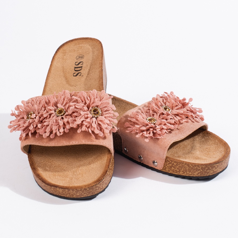 Ciabatte da donna in camoscio con fiori rosa 2