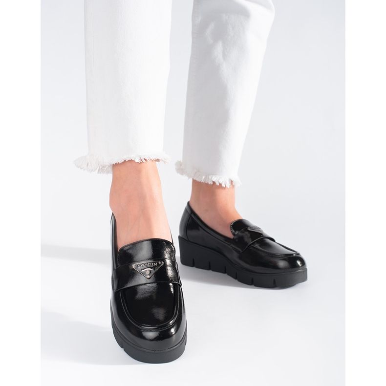 Goodin Mocassini da donna in vernice nera con suola spessa nero 2
