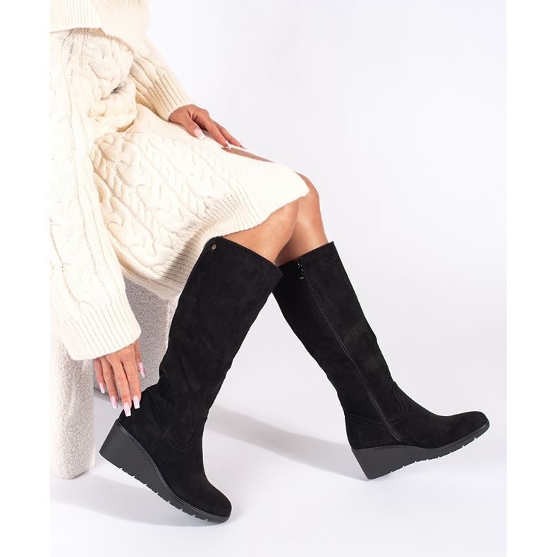 Stivali con zeppa da donna in camoscio nero 2