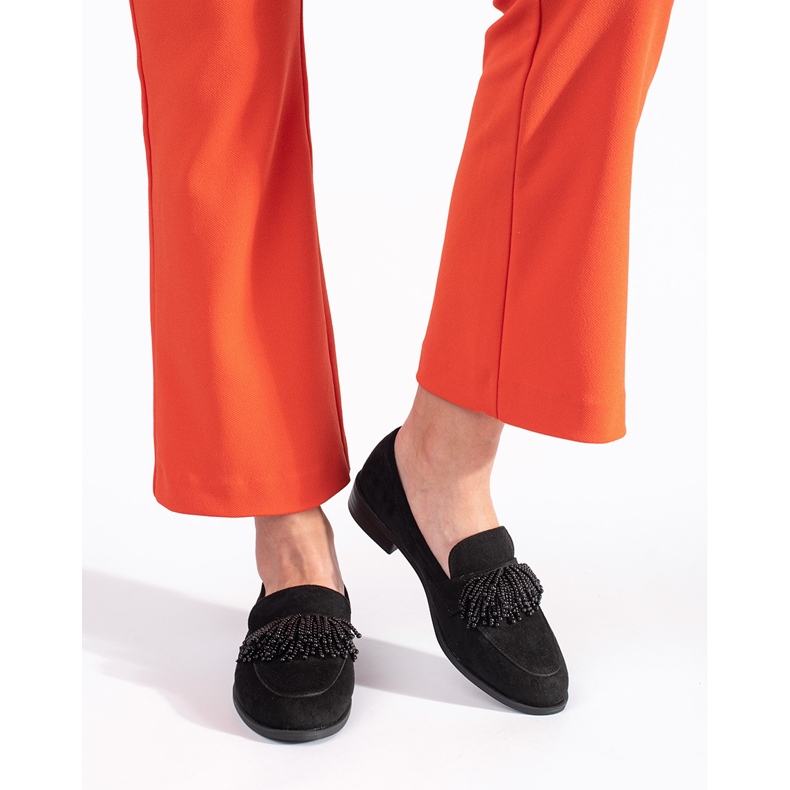 Mocassini da donna in camoscio con perline nero 1