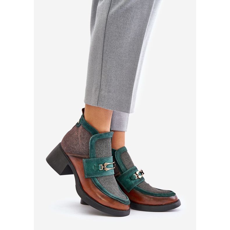 Stivali da donna in pelle con tacco grosso con decorazione Maciejka 06747-29 Marrone-Verde 1