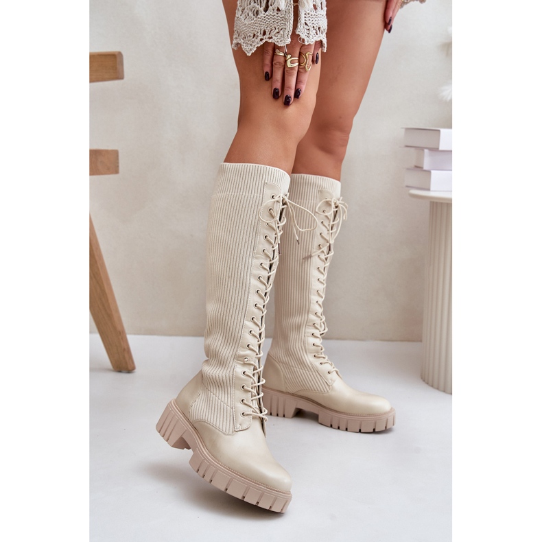 Stivaletti a calza stringati da donna con tacco piatto, Vamisha beige 2
